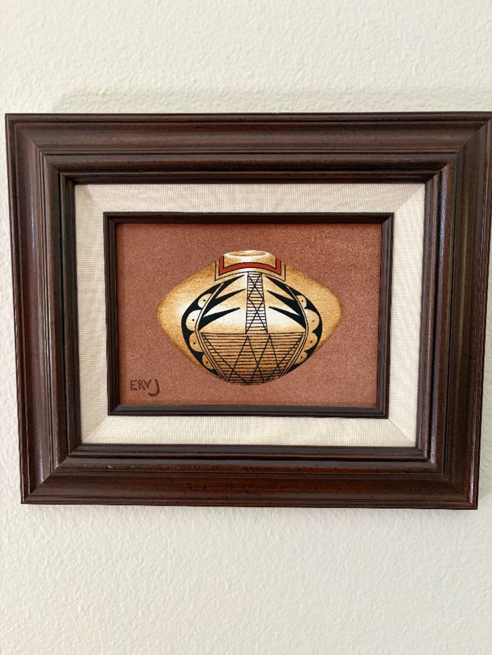 Vintage Original Erv Johnson Hopi Style Pottery Painting on Suede -Framed
